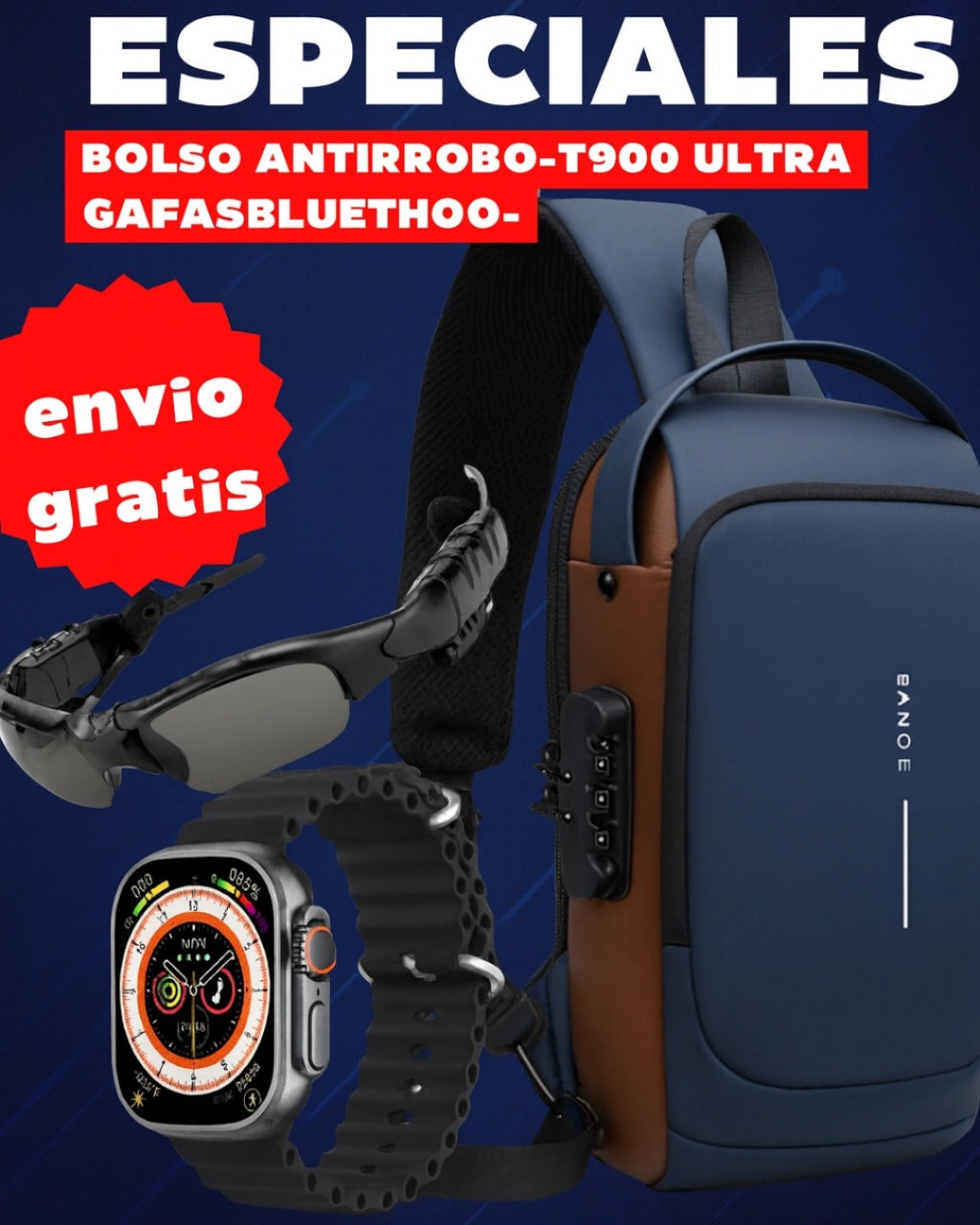 ✨🔥 COMBO PREMIUM 3 EN 1: Canguro + Reloj T900 Ultra + Gafas Bluetooth 😎⌚🎒